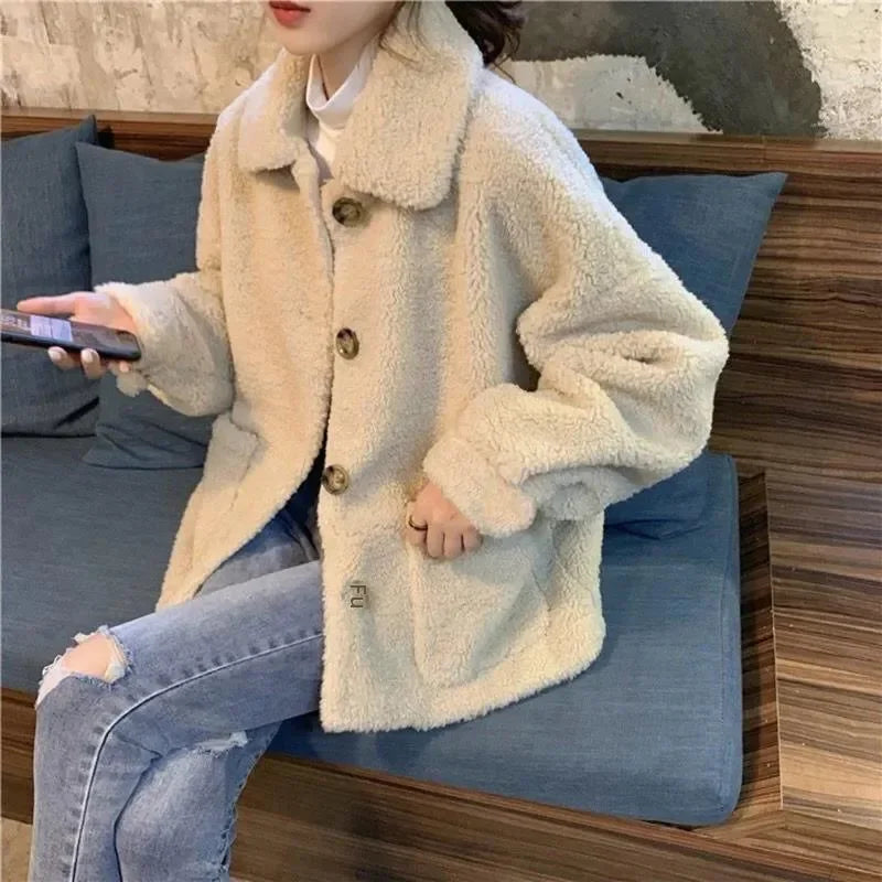 Petitefleece-lined Thickened Sheep Fleece Jacket Women's Autumn/winter 2024 New Style Loose-fit Sweatshirt Versatile Students