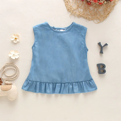 Summer New Baby Top Simple Blue Girls' Top Korean Style Sweet Children's Sleeveless Clothes (0-3 Years Old)