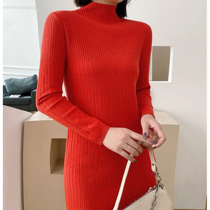 Autumn Winter New Fashion Long Sleeve Solid Half High Collar Sweaters Women's Clothing Loose All-match Knitting Trend Dresses