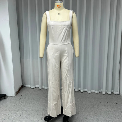 Wefads Jumpsuit Women Clothing Casual Solid Sleeveless Square Neck Tanks Backless Zipper Nipped Waist Loose Wide Legs Romper