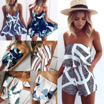 Women's beach jumpsuit 2024 summer street fashion striped V-neck printed loose jumpsuit with suspender skirt