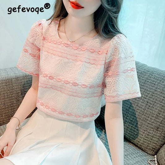 Women Stylish Contrast Color Hollow Lace Sweet Chic Short Sleeve T-shirt 2024 Summer Female Korean Style Casual O Neck Slim Tops