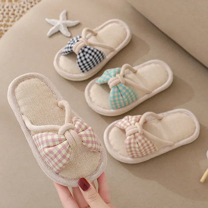 Children Linen Slippers Korean Bow Open Toe Girls Shoes Spring Summer Comfort Soft Sole Home Shoes Indoor Non-slip Floor Slipper