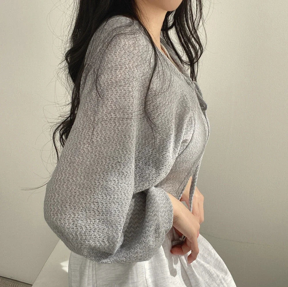 Thin White Cardigan Women Summer Sunscreen Lace-up Knitwear Tops Lady Korean Style Casual Lantern Sleeve Short Sun Protected Top