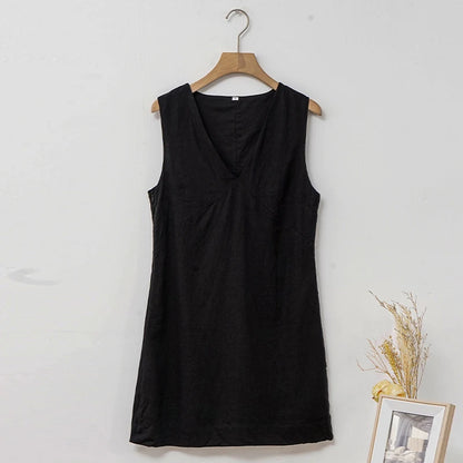 Casual Linen Sleeveless Dress Elegant Women's Sexy V-Neck Chic Casual Cotton And Linen Dresses New Summer Clothes Vestidos