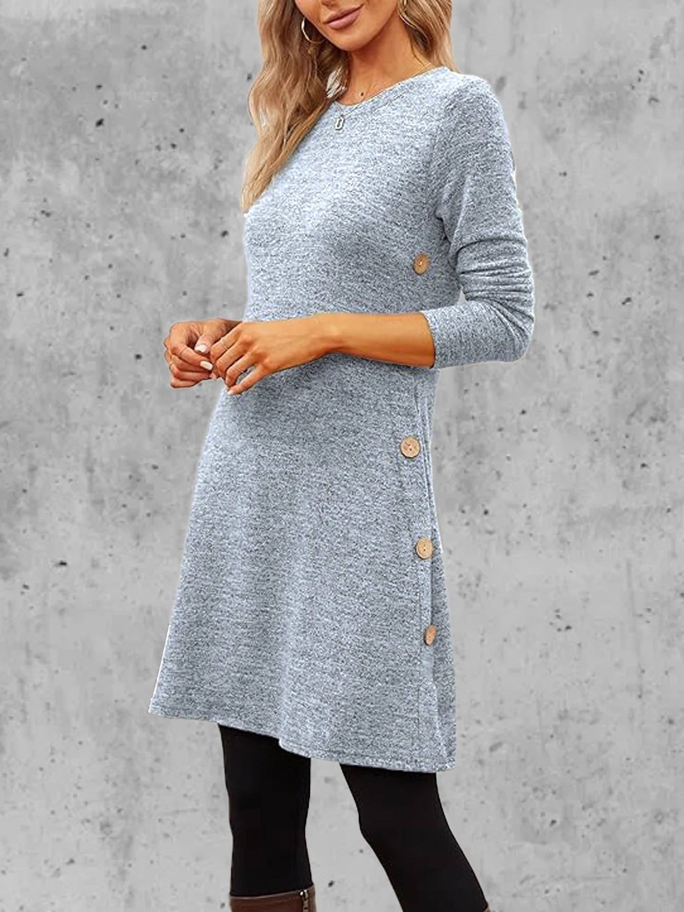 Women's Long Sleeve Scoop Neck Button Side Casual Spring and Autumn Dress