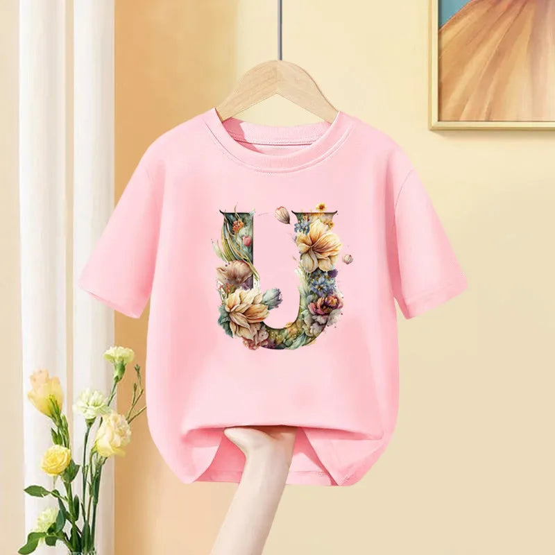 Girls T Shirt Custom Name Letter Combination Print Tshirt Flower Letter Font A B C D E F G Short Sleeve Kids Pink Tops