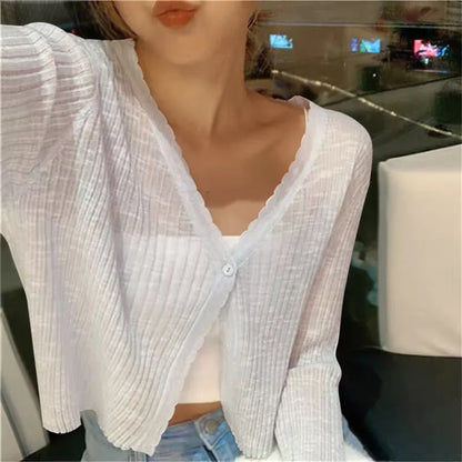 2024 Summer Ice Silk Sexy Women V Neck Button Long Sleeve Cropped Knitted Loose Sweater Tops Fashion Women Cardigan