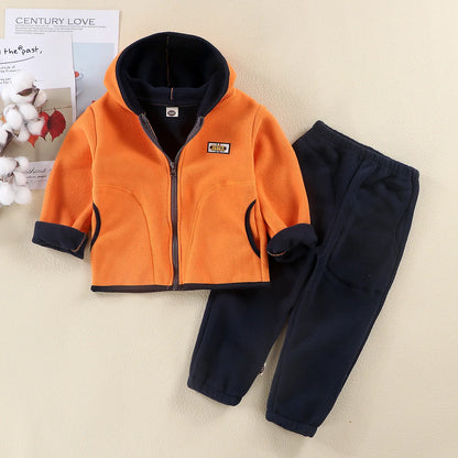 2024 Girl Boys Clothes Autumn Winter Fleece Long Sleeve Hooded Jacket Coat Pants 2 Pcs Set Children Clothes