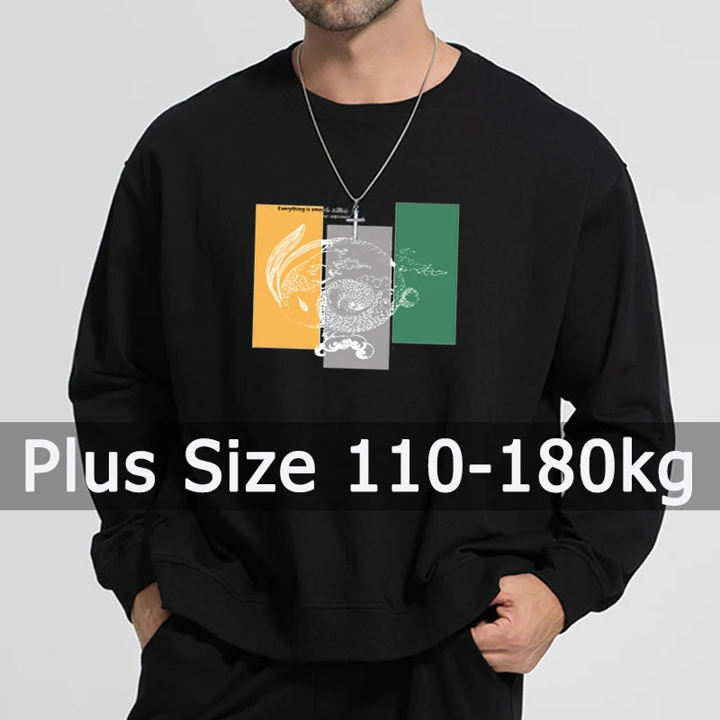 Black Sweatshirts Oversized Long Sleeve Printed Tops Plus Size 110-180kg Men Pullovers 6XL 7XL Round Neck Big Size Men Clothing