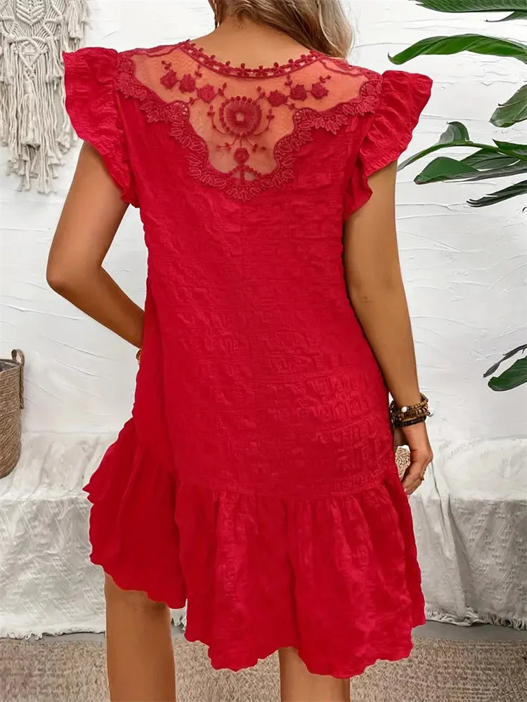 Fashion Summer Dresses Lace Loose 2024 Spring Summer Elegant Casual Round Neck Ruffle Trimmed Decorated Dress Vestido Female