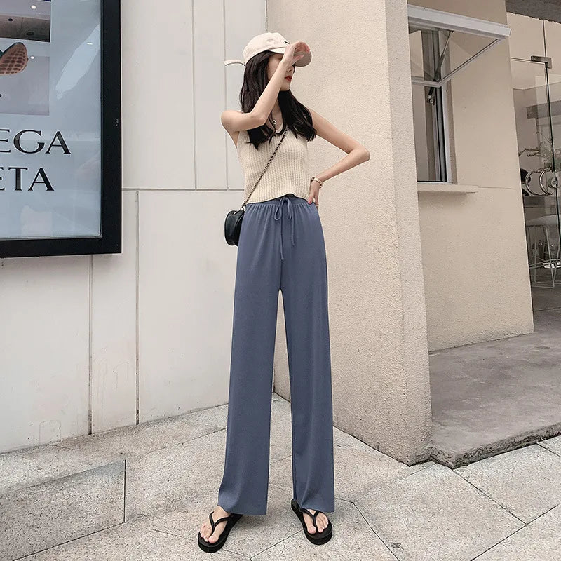 Women Long Pants 2024 Spring Summer Straight Long Elastic Waist Wide Leg women long trousers Casual Soft Knitted Pants