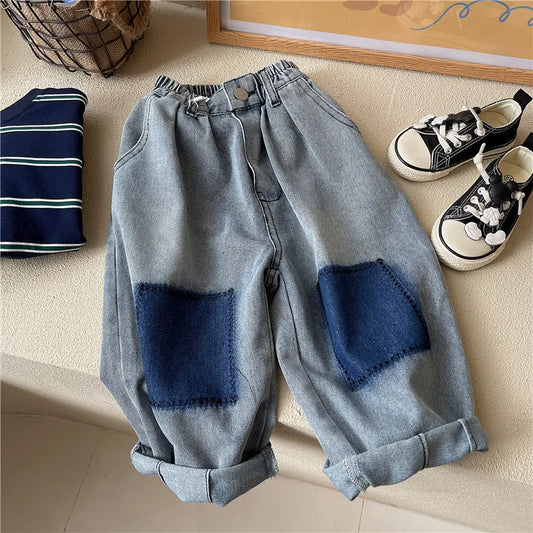 Spring and Autumn Children's Contrast Wide Leg Jeans Contrast Loose Relaxed Pants for Boys and Girls Jeans Baby Kids Trousers