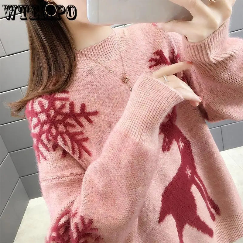 WTEMPO Christmas Loose Knitted Sweaters For Women Pullover Autumn Winter Warm Casual Knitwear All Match Soft T-shirts Female