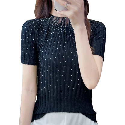 Summer New Women Wool Silk Short-sleeved T-shirt Sweater Half-high Collar Set With Diamonds Slim Pullover Base Knitted Top Tees