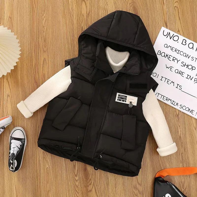 Children Hooded Down Vests Boys Girls Autumn Winter Waistcoat Kids Fashion Casual Jackets Teenager Trend Clothing Coats 4-10Y