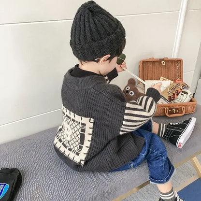 Spring Autumn Patchwork Fashion Stripe Kids Cardigan Harajuku Boy's Tops Loose Casual Outerwear Print Long Sleeve Girls Sweater