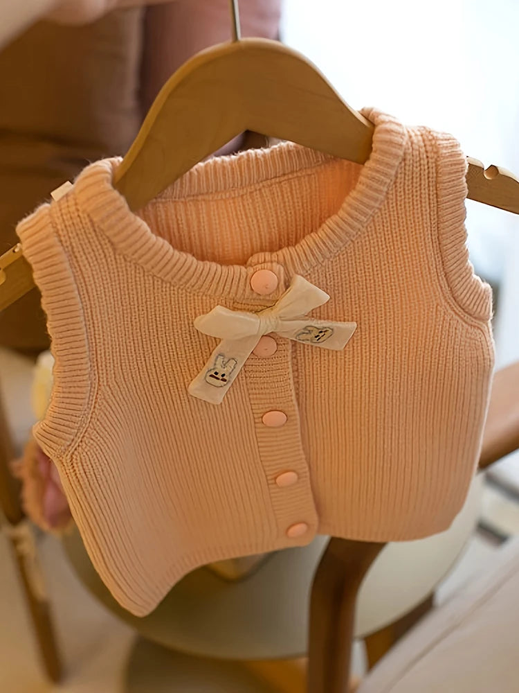 Girls 2024 Bunny Ear Cardigan Vest Spring Autumn Sweater Princess Cream Fashion Sweet Style Top Baby Clothing Cute Knitted Vests