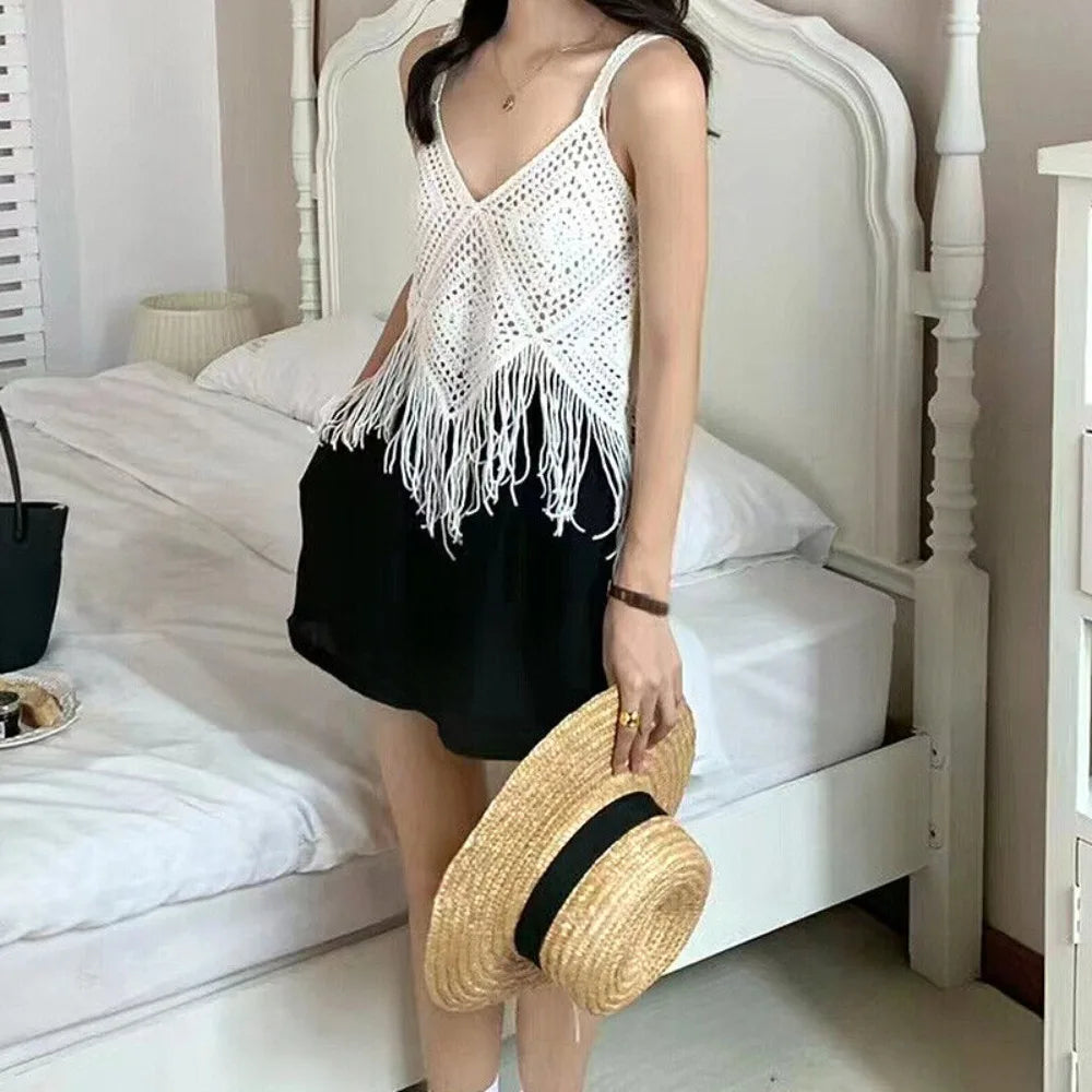 Cotton Crochet Camisole Exquisite Knitted Boho Crochet Tops Tassel Tank Women