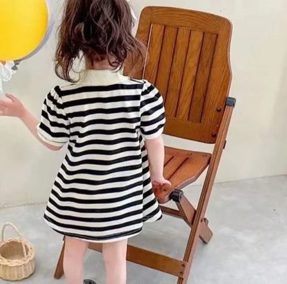 Girls Stripe Bear Polo Dress Summer Short Sleeve Flip Collar Baby Academy Style Trendy Dress Girls Aged 2-10