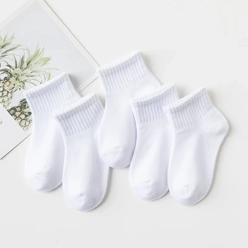 5 Pairs Spring Children Socks 100% Cotton Kids Fashion Black White Pink Student Baby Girl Boy Sports Short Socks For 1-12 Years