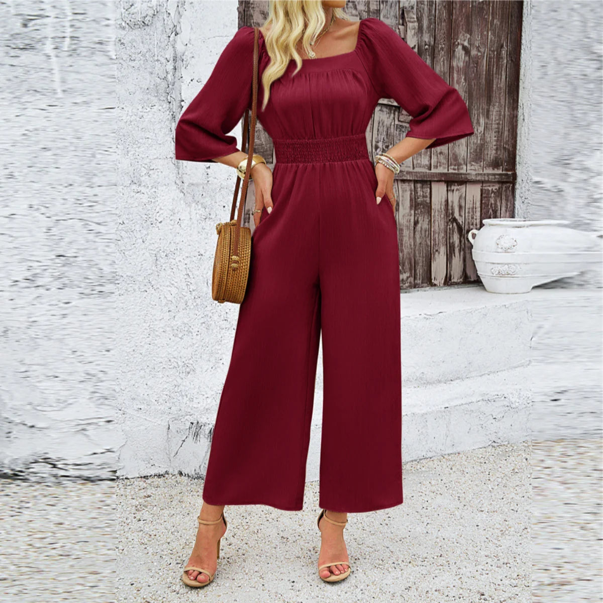 VIP FASHION Apricot Women Jumpsuits Spring Summer Office Lady Wear Burgundy Dark Brown Folds Casual Suit Wide Leg Pants Clothing