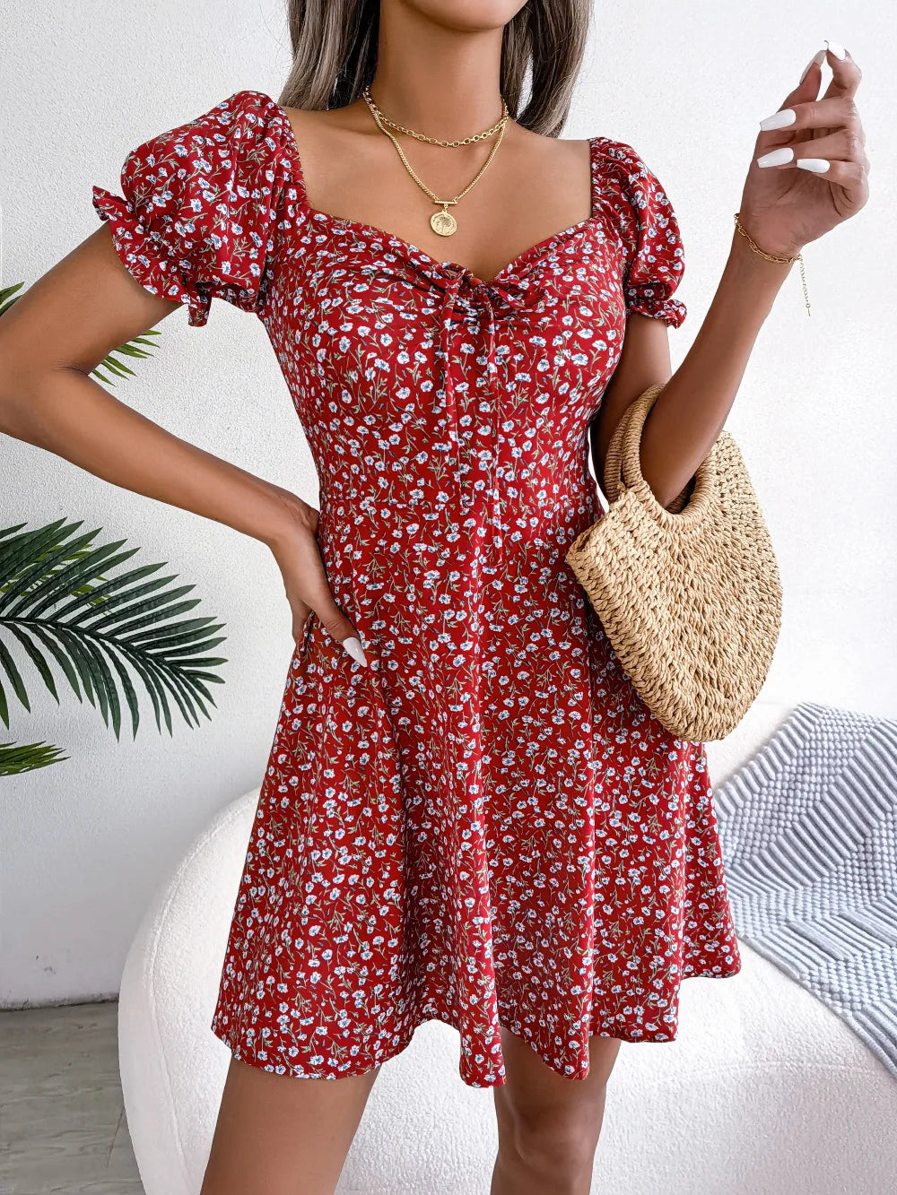 Spring Summer Square Collar Floral Ruffles Mini Dress Women Casual Flare Sleeves Drawstring Lace up Print A Line Dress