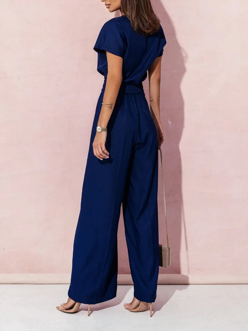 Women's Fashion V-neck Short Sleeve Jumpsuit Spring/Summer Women's Casual Belt Solid Color Jumpsuit