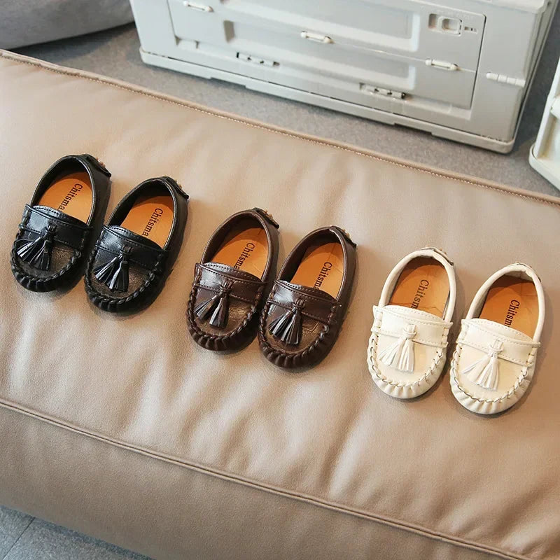 Children Moccasin Shoes Boys Flats Loafers Non-slip Tassels Kids Casual Leather Shoes Soft Slip-on Pleated Solid Color 2024 New