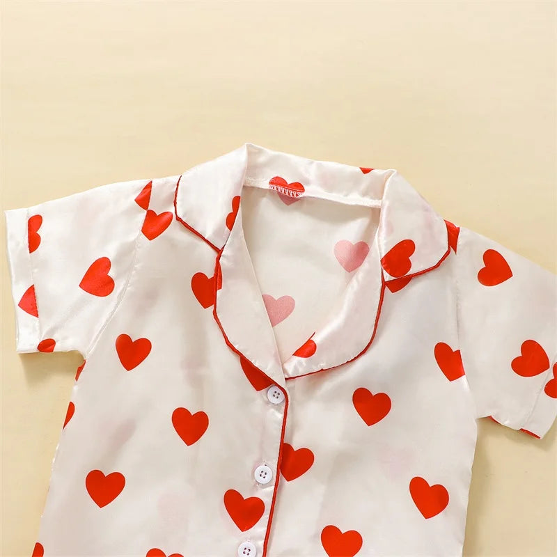 1-6Y Kids Girls Pajama Sets Heart Print Turn-Down Collar Short Sleeve Tops Elastic Waist Shorts 2Pcs Suit Pyjama Nightwear