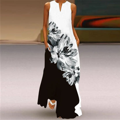 Fashion V-Neck Printed Sleeveless Women Maxi Dress Summer Casual Loose Straight Beach Long Dresses Ladies Sundress Lady Vestidos