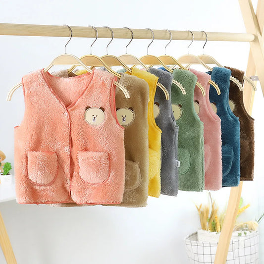 2022 Autumn Winter Girls Boys Warm Fleece Vest Baby Toldder Kids Children Soft Waistcoat Cartoon Bear Design