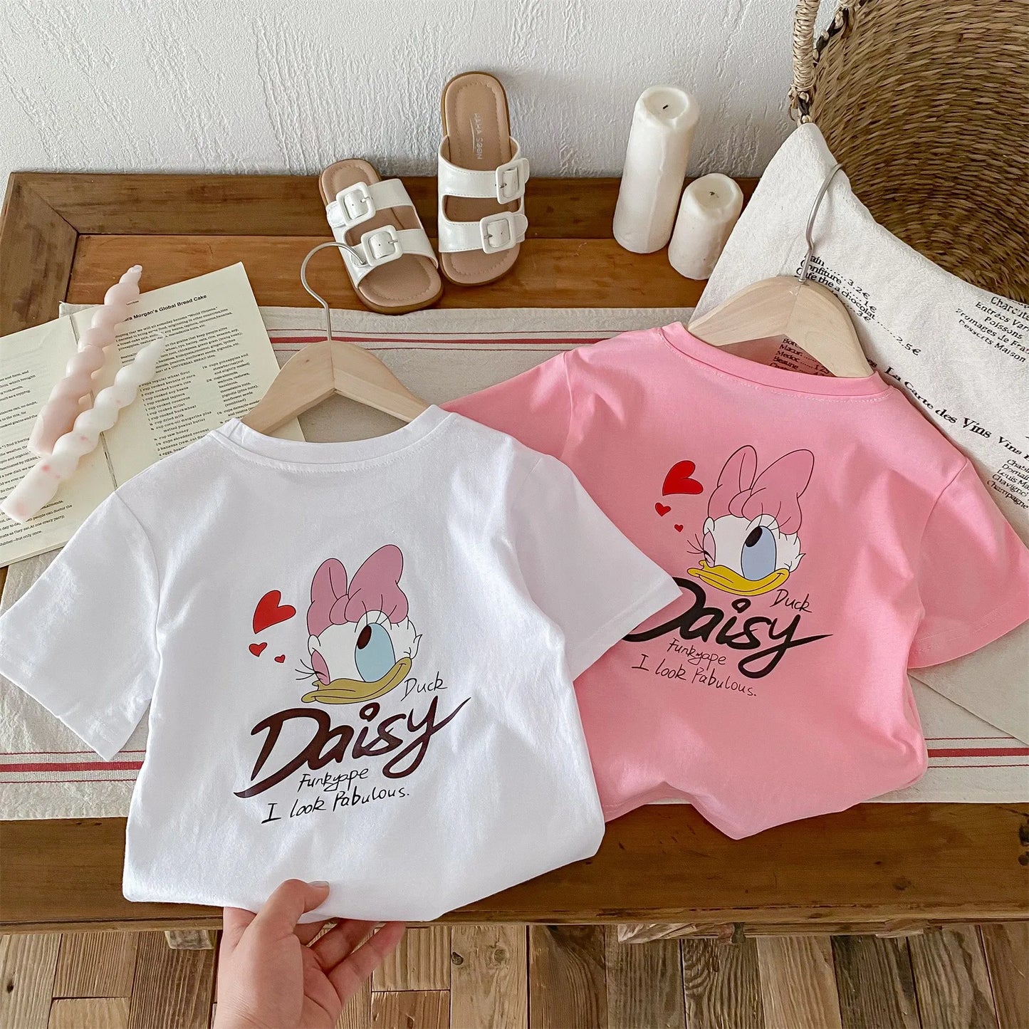 Disney Cartoon Cute Baby Girl's T-shirt Summer Clothing Loose Casual Short Sleeve Top Children Tees Daisy Pattern Kids T Shirts