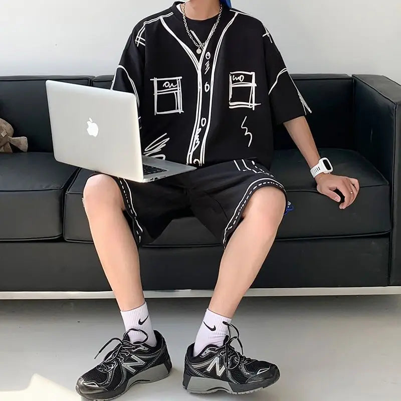 Summer Elegant Fashion Harajuku Slim Fit Ropa Hombre Loose Casual All Match Sports Suit Ice Shreds Short Sleeve Two Piece Set