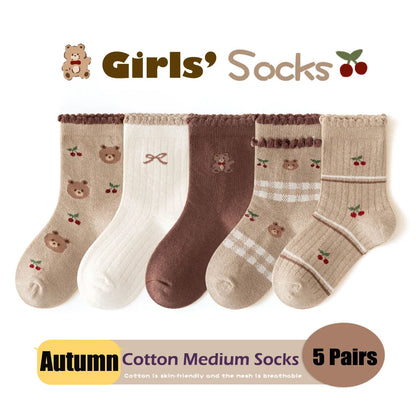 Autumn Socks Baby 5 Pairs Cartoon Bunny Pattern Socks Girls Calf Length Children Socks Solid Cotton Socks