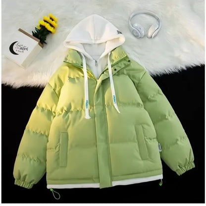 Winter New Style Padded Jacket Thickened Hooded Two-piece Illusion Puffer Jacket For Men Women Loose-fit Couple Student