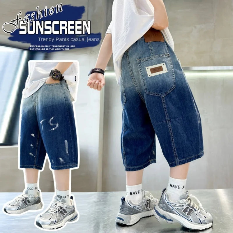 Summer Boys Fashion Denim Shorts Washed Gradient Letters Printed Cropped Trousers Children'S Clothing Casual Breathable Pants