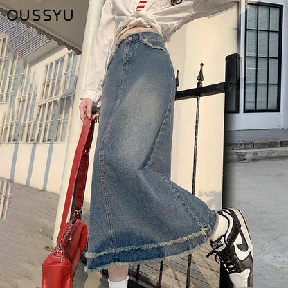 Jean Skirt Women High Waist Retro Slimming A- line Skirt Versatile Mid-Length Denim Skirt Womens Y2k Sexy Fashion Streetwear