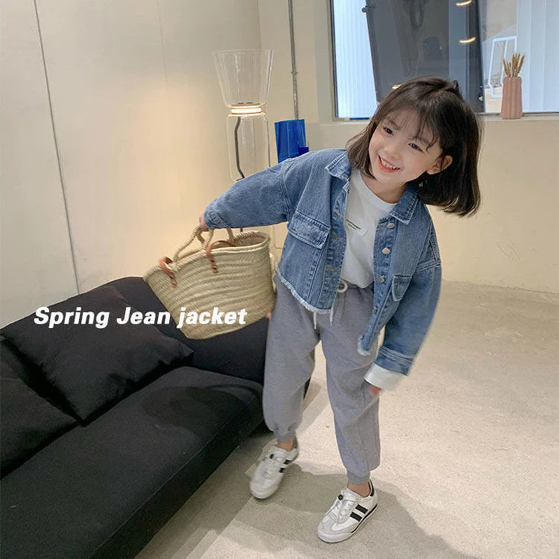 2024 New Fashion Korean Version Denim Jackets For Girls Coat Spring Autumn Children Outerwear Clothing Birthday Present 2-8 Year