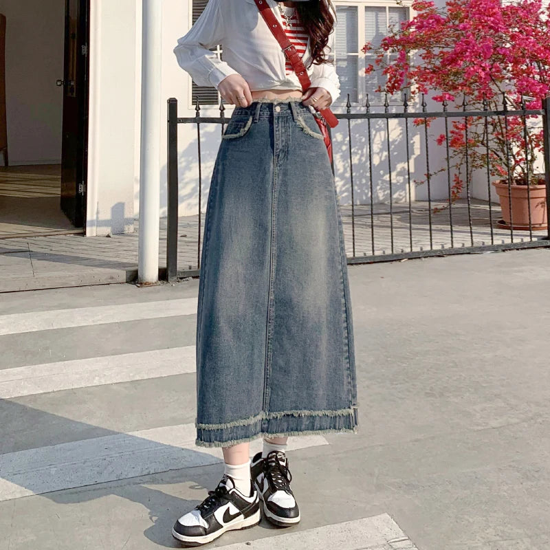 Jean Skirt Women High Waist Retro Slimming A- line Skirt Versatile Mid-Length Denim Skirt Womens Y2k Sexy Fashion Streetwear