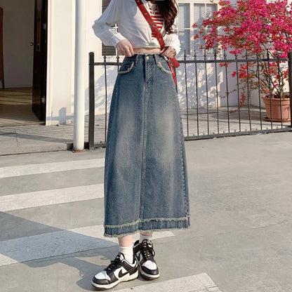 Jean Skirt Women High Waist Retro Slimming A- line Skirt Versatile Mid-Length Denim Skirt Womens Y2k Sexy Fashion Streetwear