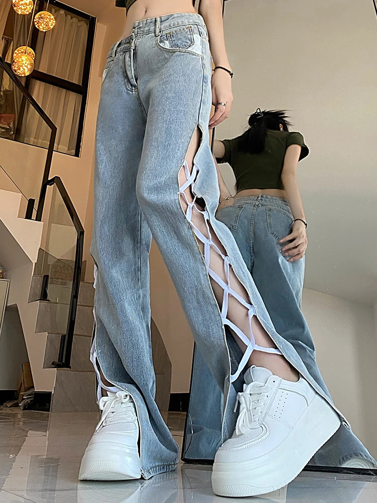 Female High Waist Wide Leg Y2K Lace Up Loose Jeans Girls Irregular Strap Punk Streetwear Denim Pants Split Micro Flared Pants