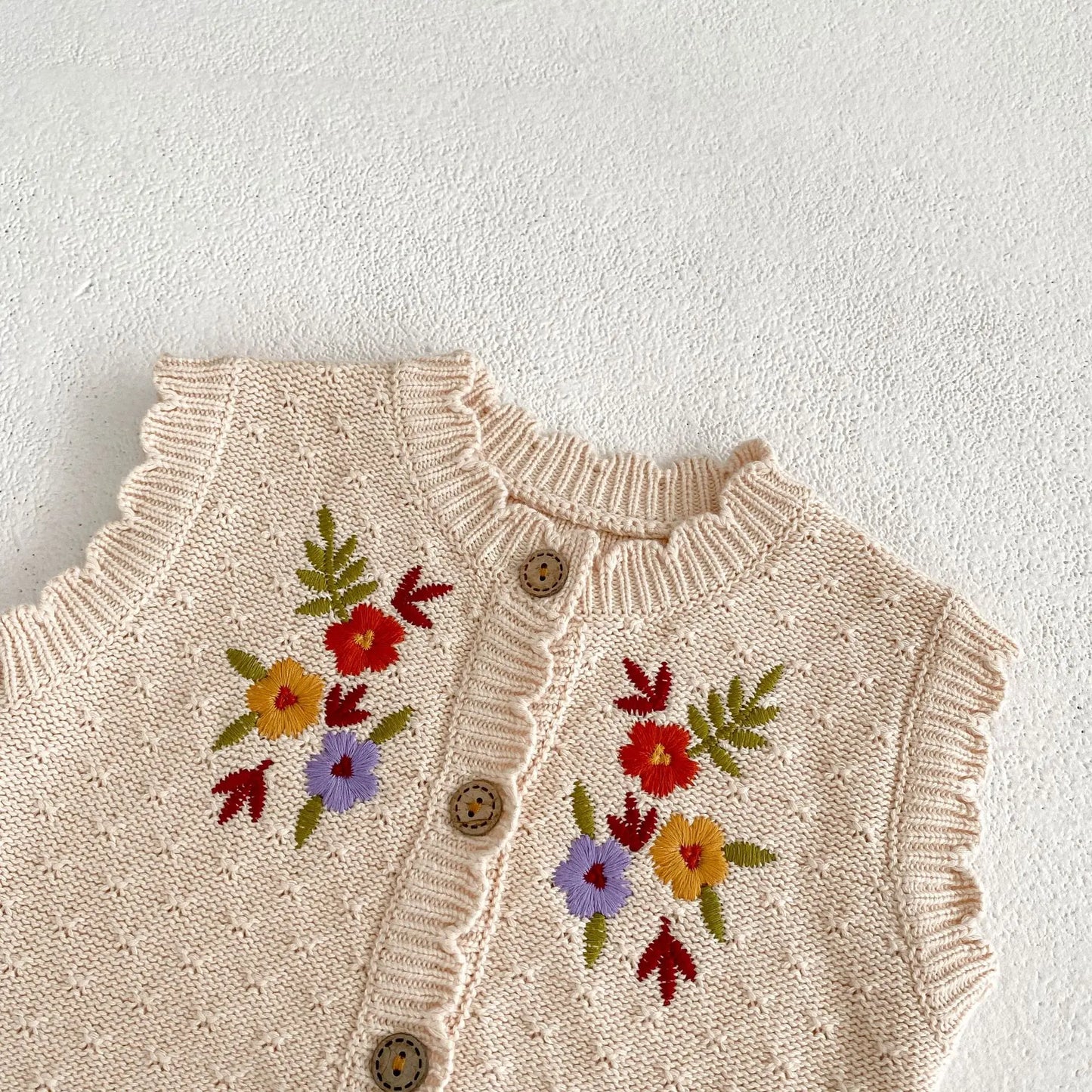 Autumn Winter 100% Cotton Children Knitted Cardigan Hollow Out Vest Kid Girl Embroidery Flower Tops Waistcoat Baby Casual Coat