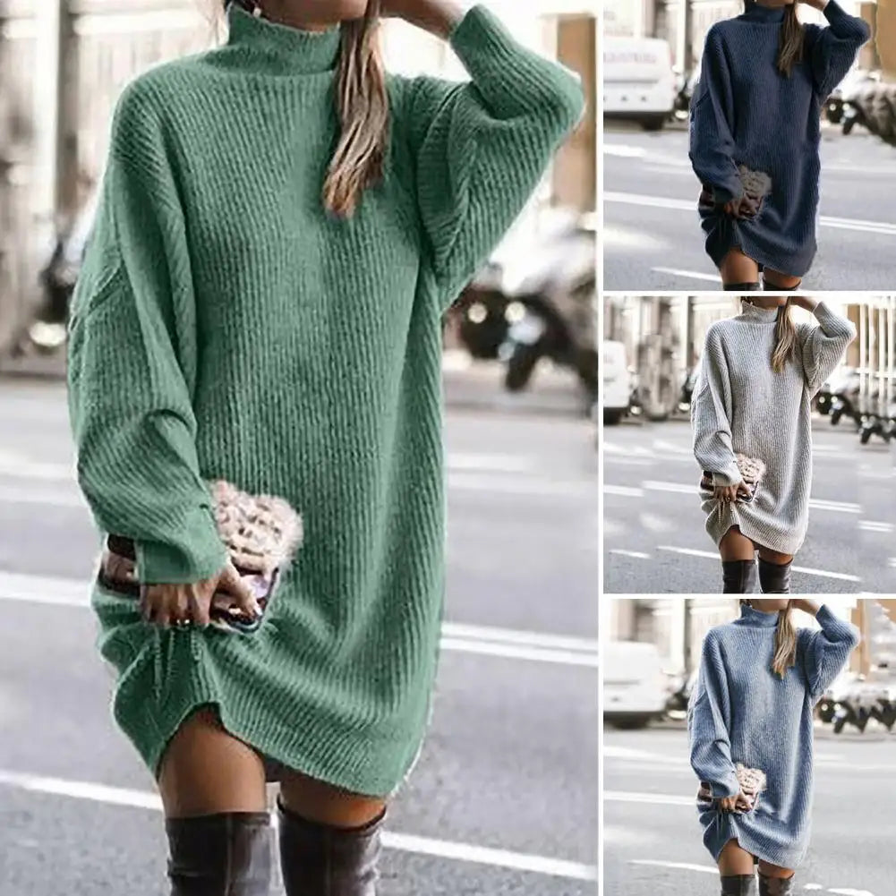 Fashion Midi Dress Coldproof Knee Length Women Winter Knitted Solid Color Pullover Knitting Dress