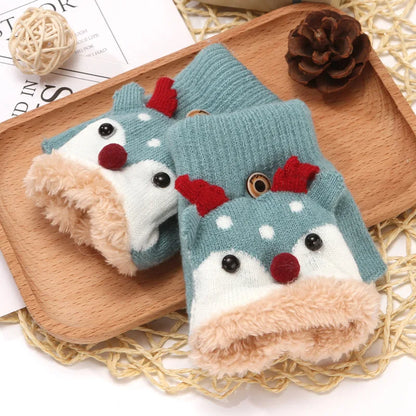 4-12 Years Children Gloves Winter Girls Knitted Half Finger Flip Gloves Plush Thick Warm Cartoon Boy Christmas Deer Kids Mittens