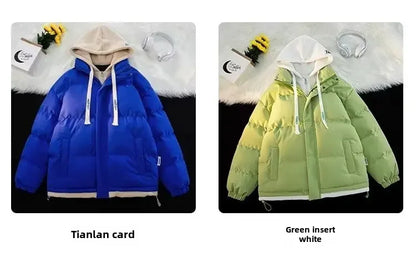 Winter New Style Padded Jacket Thickened Hooded Two-piece Illusion Puffer Jacket For Men Women Loose-fit Couple Student