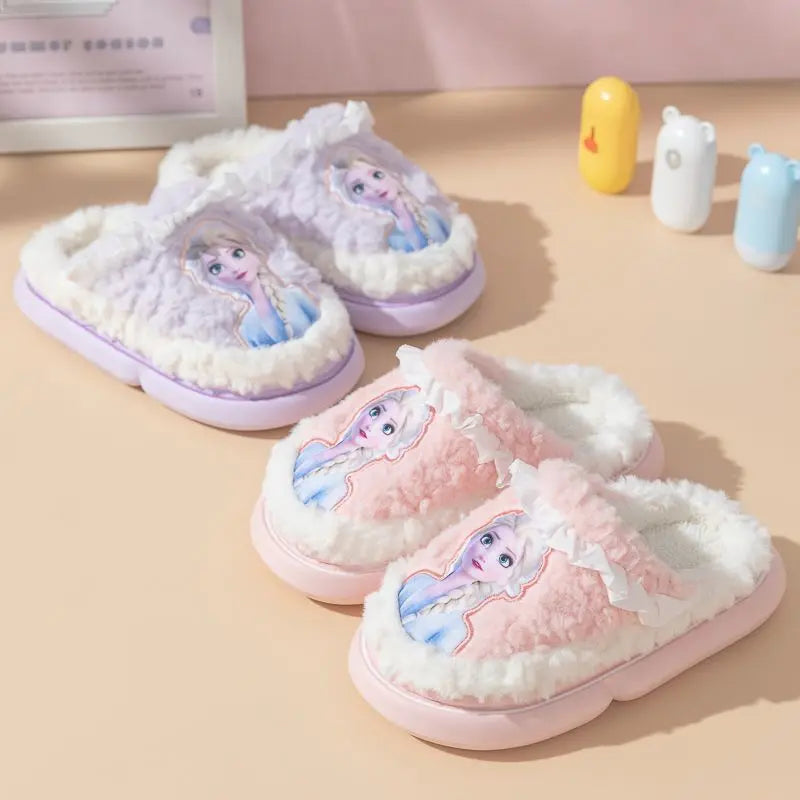 Disney Princess Elsa Winter Children's Cotton Slippers Girls' Frozen Non slip Warm Cartoon Baby Slippers Pink Blue Shoes Size 24