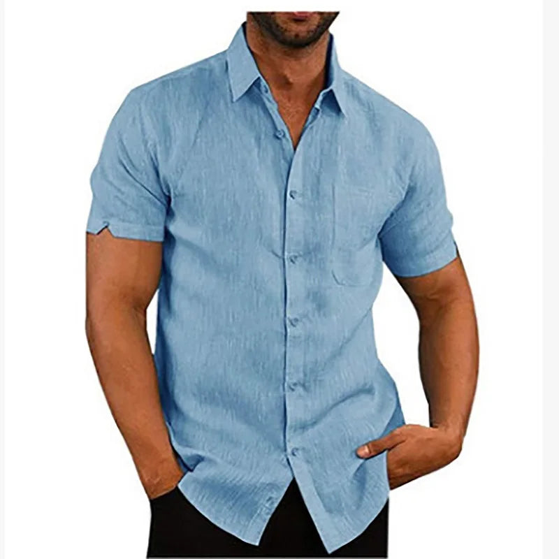 Summer Men's Short Sleeve Shirt Fashion Solid Color Linen Cotton Breathable Leisure Lapel Button T-shirt Business Casual Shirt