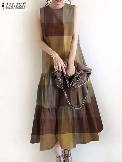 Elegant Ruffles Dress ZANZEA Summer Women Plaid Checked Sundress Vintage O Neck Sleeveless Vestidos Fashion Work Midi Dresses