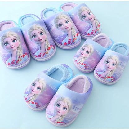 Disney Home Winter Slippers Cartoon Frozen Princess Elsa Cotton for Children in Winter Warm and Anti slip Indoor Blue Shoes Size